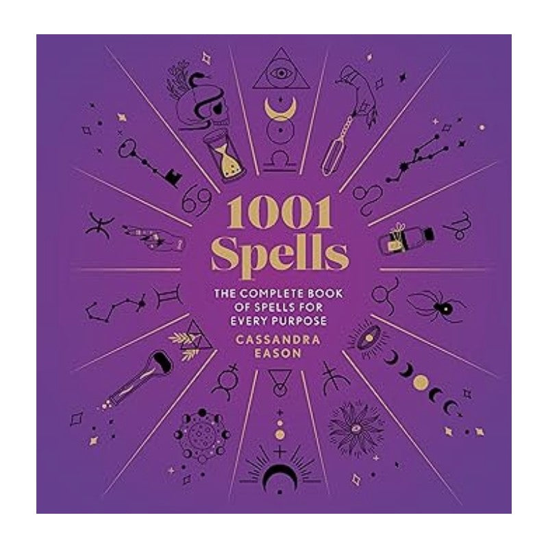 Book cover of '1001 Spells' with magickal symbols on a purple background