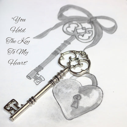 Silver skeleton key sitting atop a drawing of a skeleton key and heart padlock