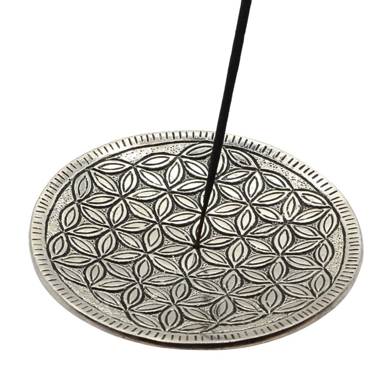 flower of life pattern aluminium incense burner with central stick incense