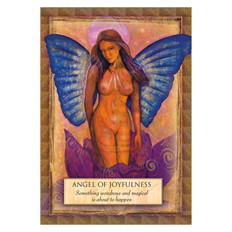 card from the Angels Gods & Goddesses Oracle Deck featuring a naked angel with blue wings standing in the centre of a purple flower