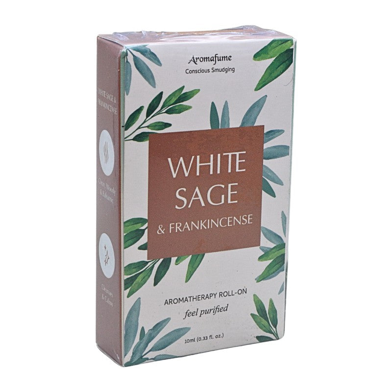 Packaging box with a white, brown, and green floral label