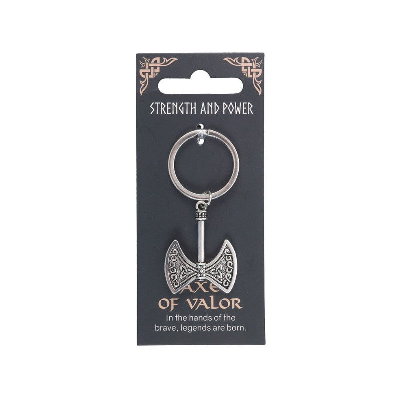 Keychain with axe design on a black card labeled 'Strength and Power Of Valor' on a white background