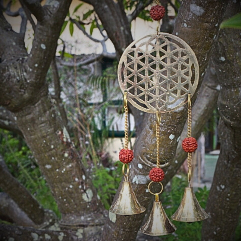 28cm Flower of Life Hanging Bells with Rudraksha- Wind Chimes/ Protective Ward