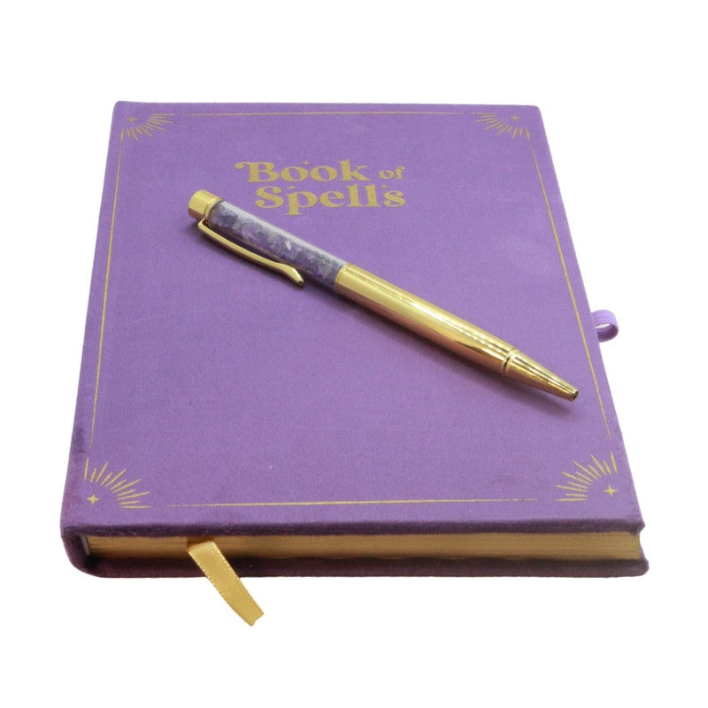Purple Book of spells journal with amethyst chip gold pen