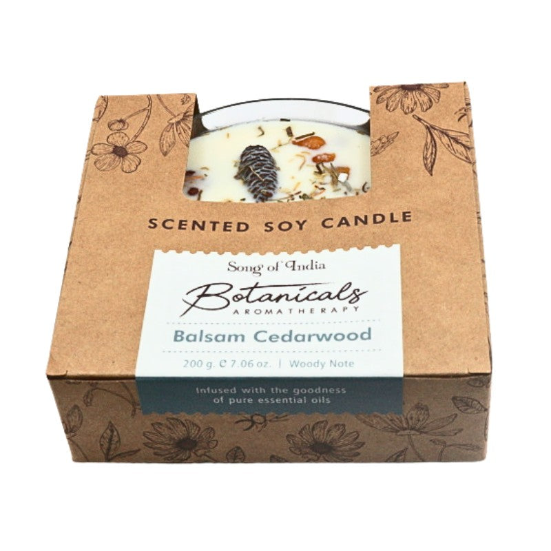 Scented soy candle in a decorative box with Botanicals Aromatherapy branding.