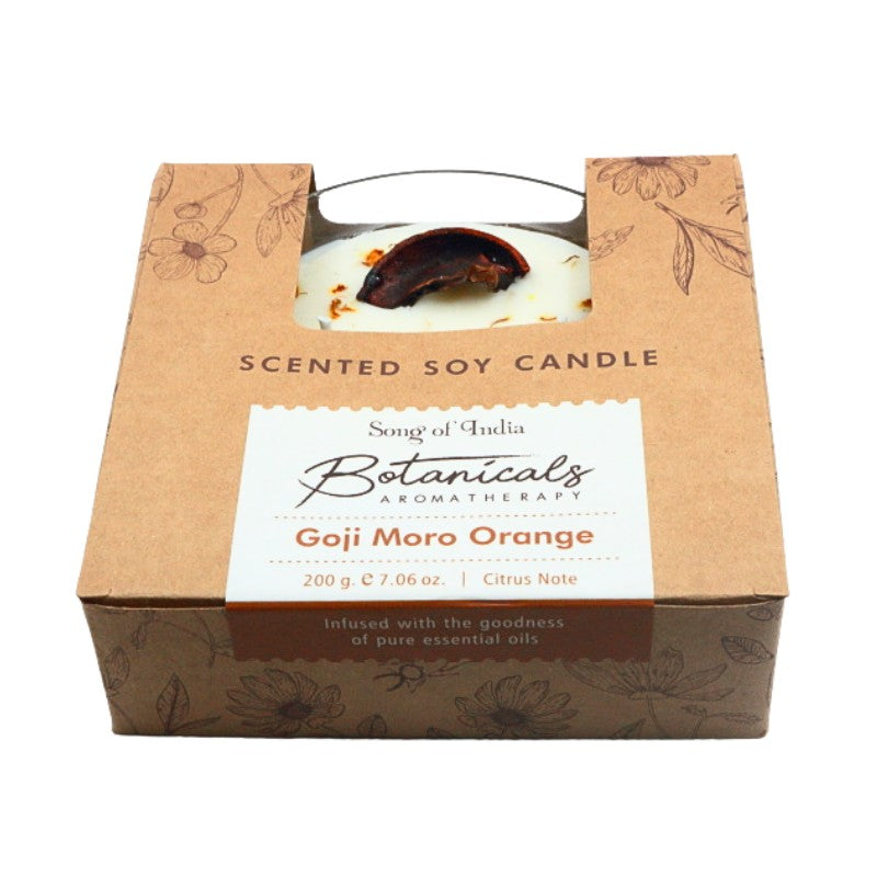 Scented soy candle in a cardboard box with 'Song of India Botanicals' branding.