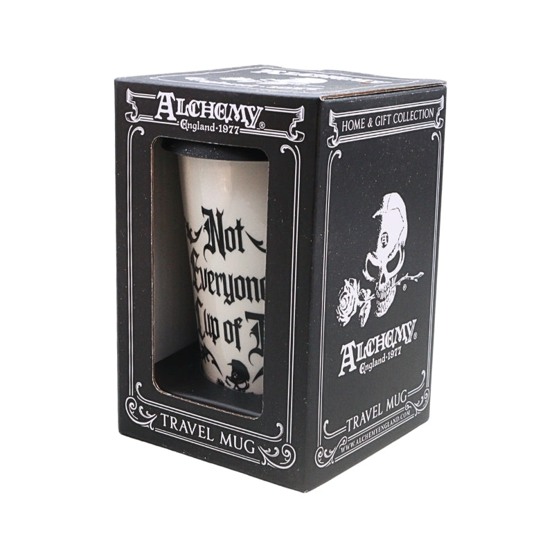 A black branded presentation box with a clear window showing a white travel mug inside. The mug has black gothic-style text and skull artwork.