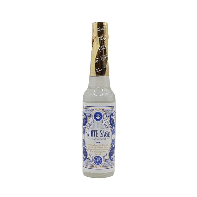 Bottle of White Sage cleansing water on a white background