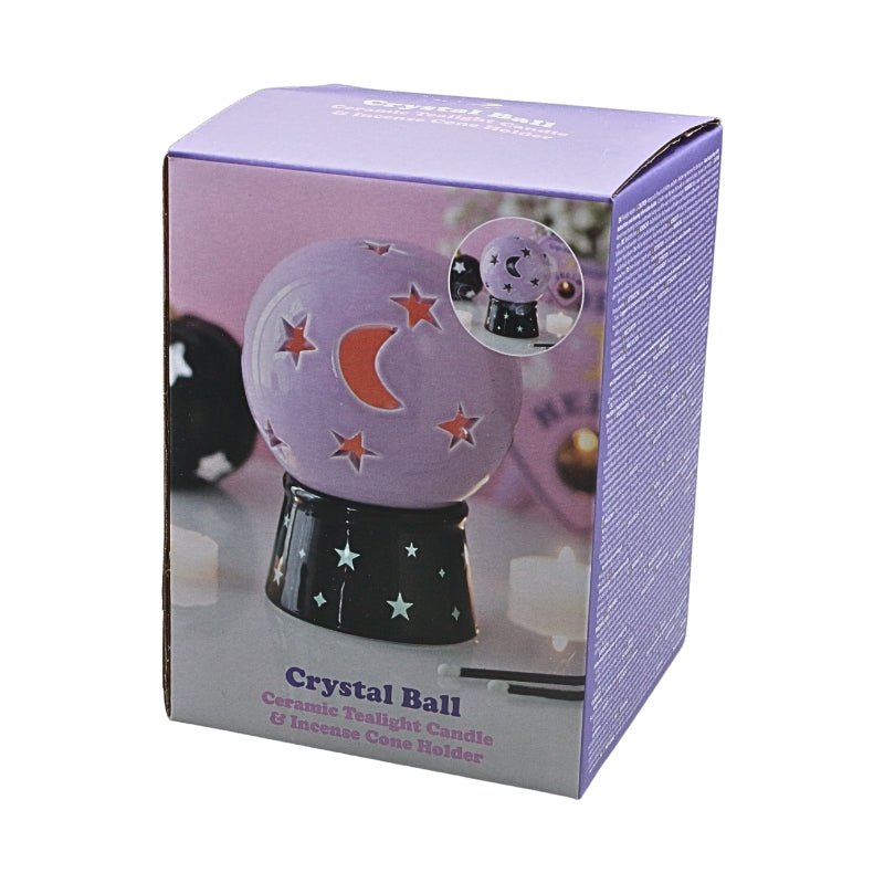 packaging for a purple crystal ball ceramic tea light and incense cone holder