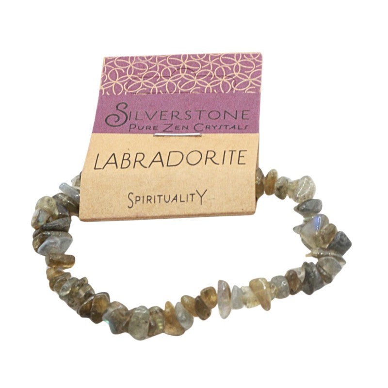 Labradorite bracelet with 'Silverstone' packaging on a white background