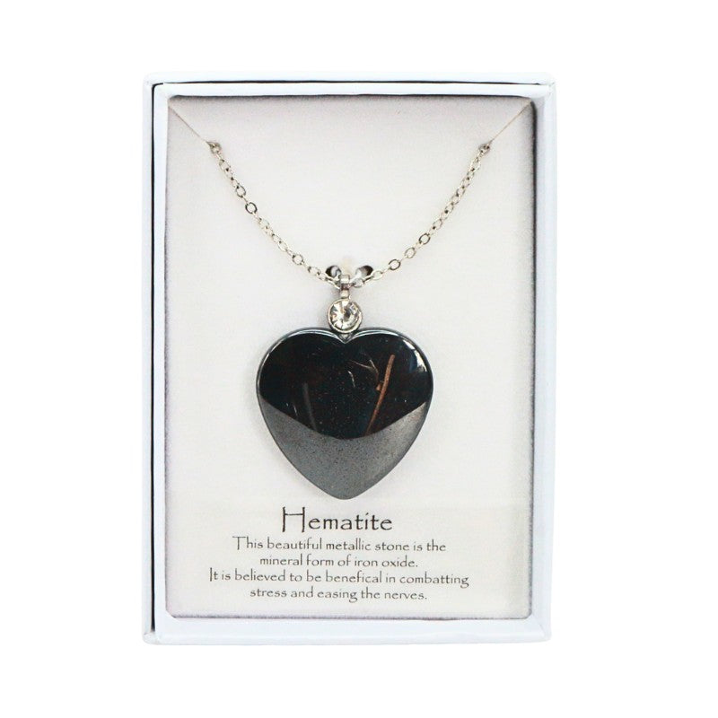 black heart shaped hematite crystal necklace in white box