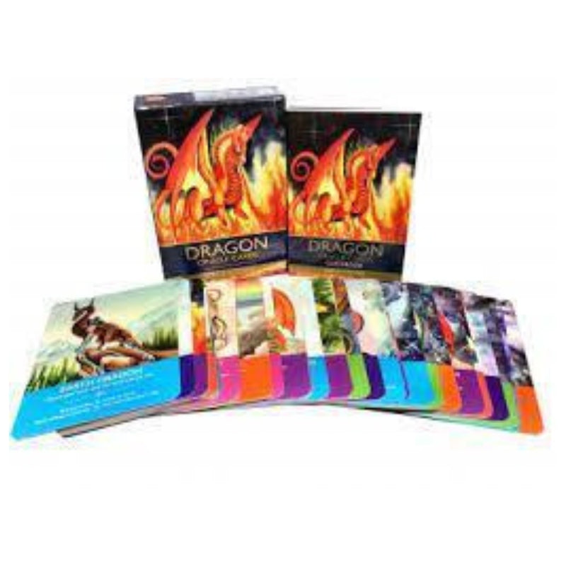 dragon oracle card deck laid out in front of the box and booklet