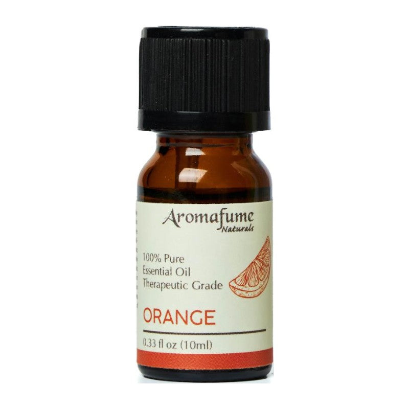 A small amber glass bottle of Aromafume Naturals Orange essential oil with a black cap and cream label, shown on a white background.
