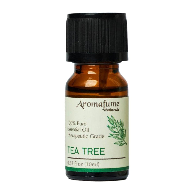 A 10ml amber glass bottle of Aromafume Naturals Tea Tree essential oil with a black cap and cream label, shown on a white background.