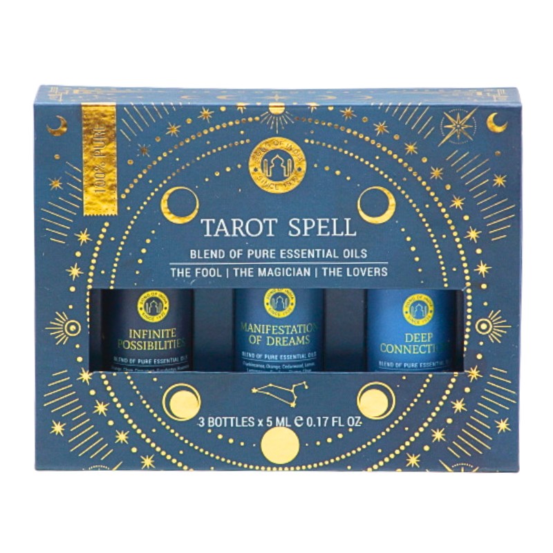 Blue and gold gift box containing 3 essential oil bottles