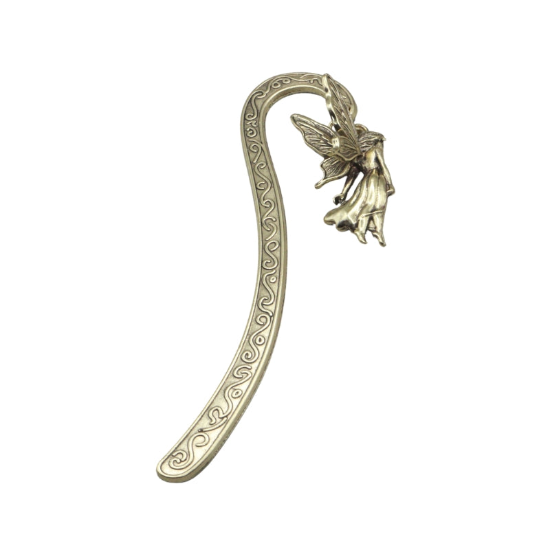 Gold metal bookmark with swirl decorations and a fairy charm at the top, on a white background