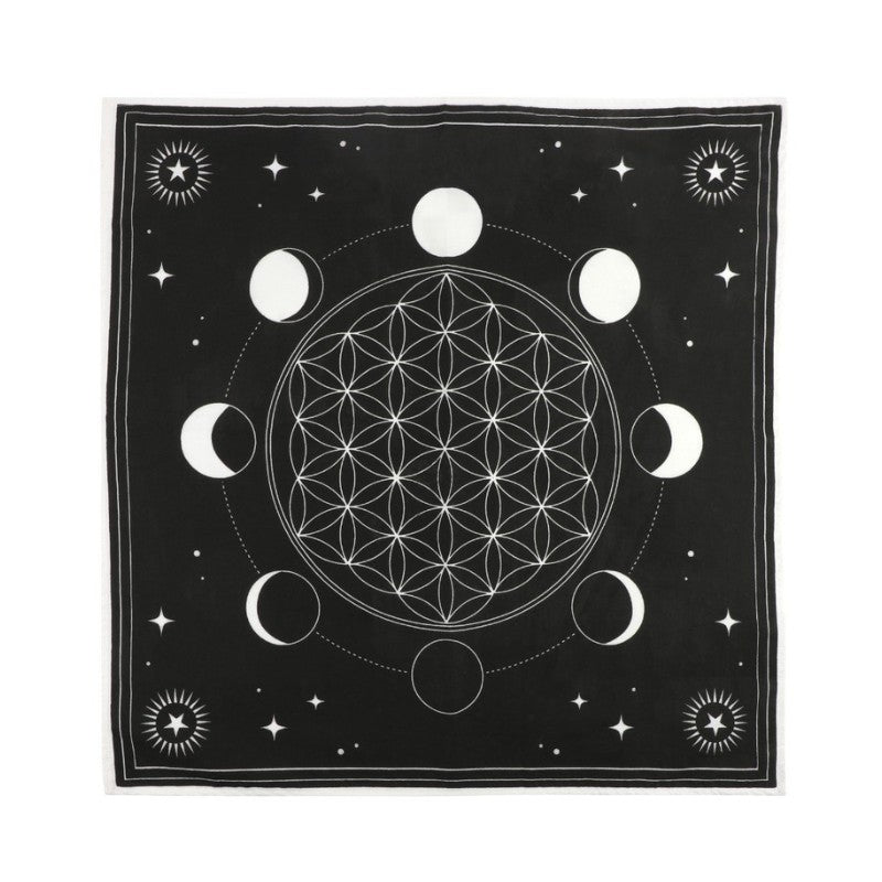 Black square scarf with white geometric design and moon phases on a white background