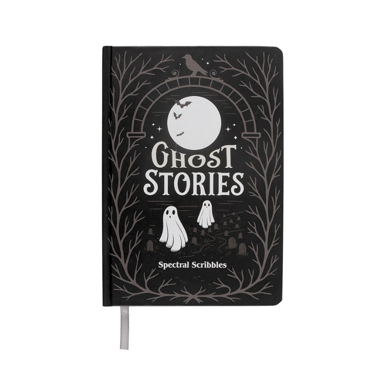 A hardcover notebook titled 'Ghost Stories' by Spectral Scribbles, featuring a spooky Halloween illustration on a black cover with a white moon, ghosts, crows, and bare tree branches.