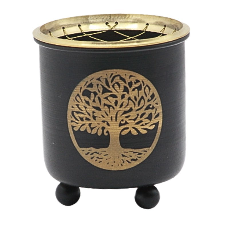 Black and gold incense charcoal burner with a tree pattern on front