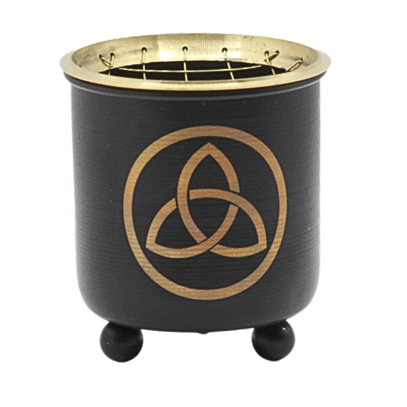 Black and gold incense charcoal burner with a triquetra pattern on front