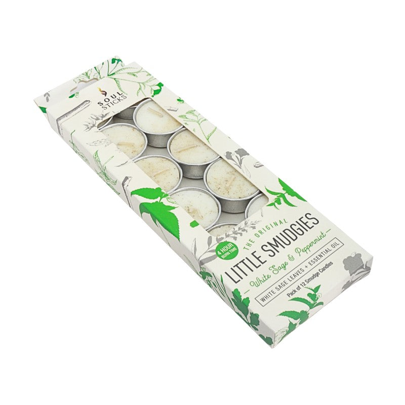 Box of Little Smudgies candles with green leaf designs on a white background