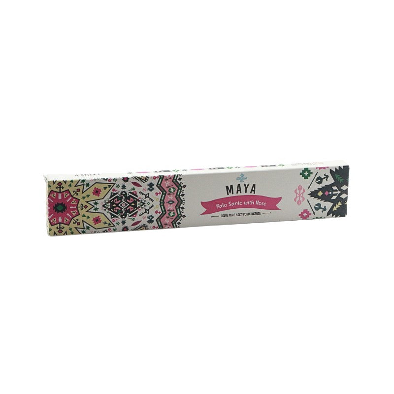 Box of Maya incense sticks with decorative design on a white background
