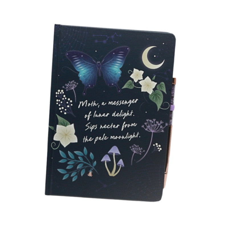 Notebook with butterfly and moon design on a white background