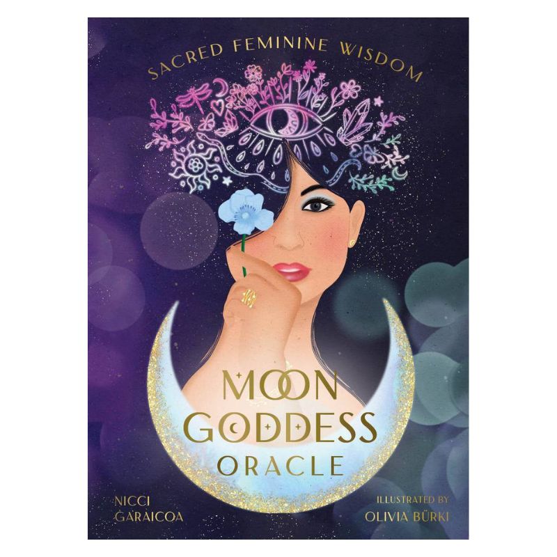 Moon Goddess Oracle front cover of the oracle deck featuring a woman's face above an upturned crescent moon