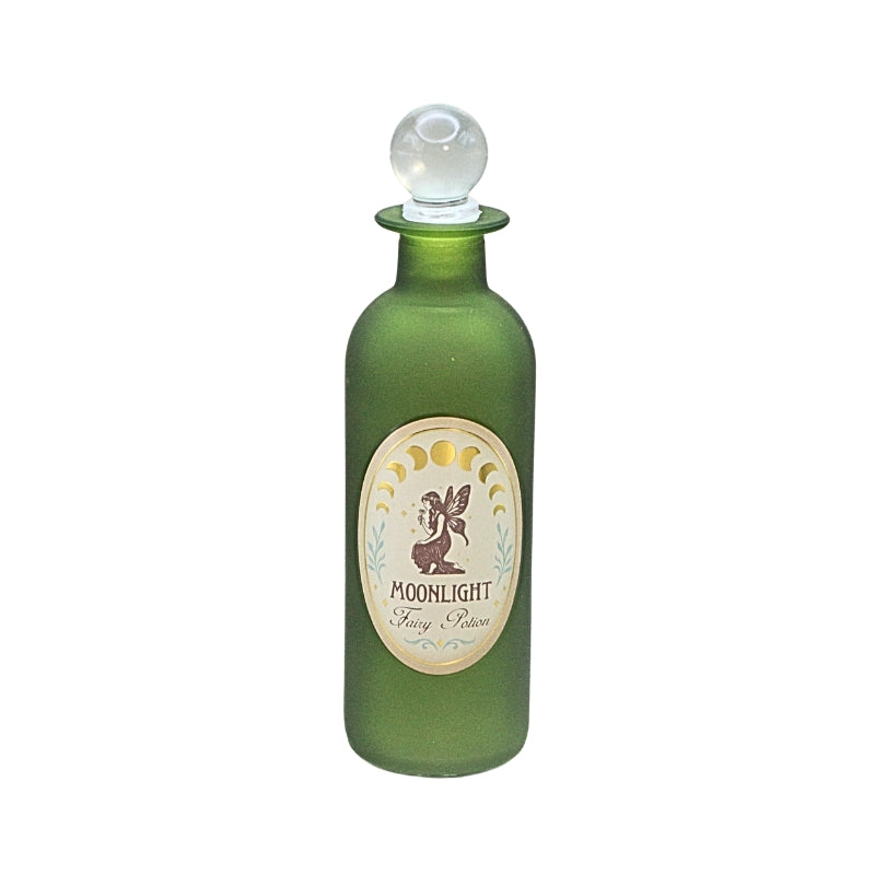 An olive green glass bottle with a white and beige oval label reading 'MOONLIGHT Fairy Potion' and a small fairy illustration, on a white background.