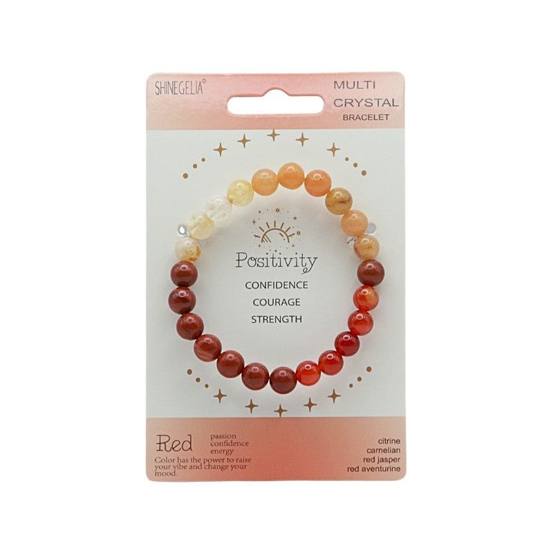 Packaged bracelet with multicolored beads on a white background