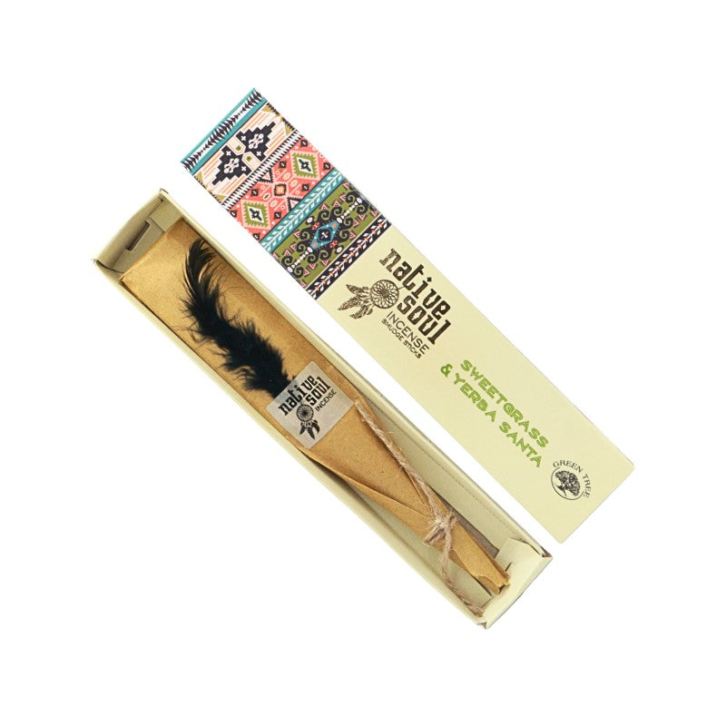 Box of sweetgrass & Yerba Santa incense with a feather inside, featuring 'native soul' branding.