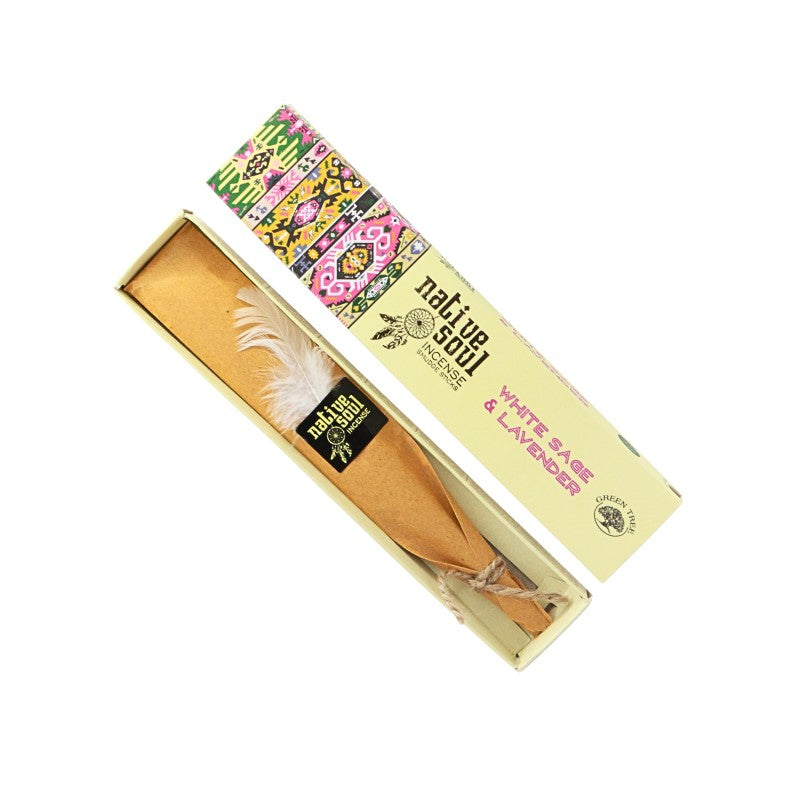 White sage and lavender incense sticks in a Native Soul box with a colorful label.
