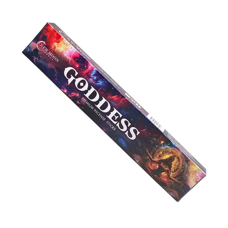 Box of Goddess premium incense sticks with colorful design on a white background