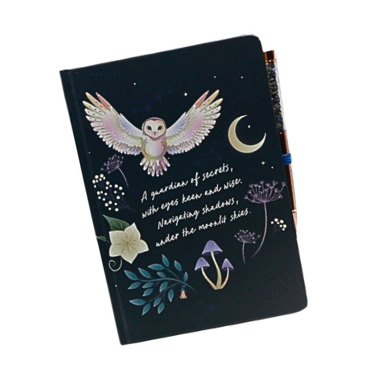 Decorative notebook with owl illustration and text on a white background