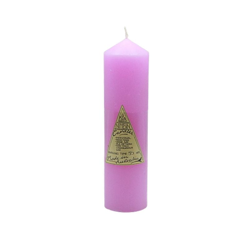 Pink candle with a gold triangle logo on a white background