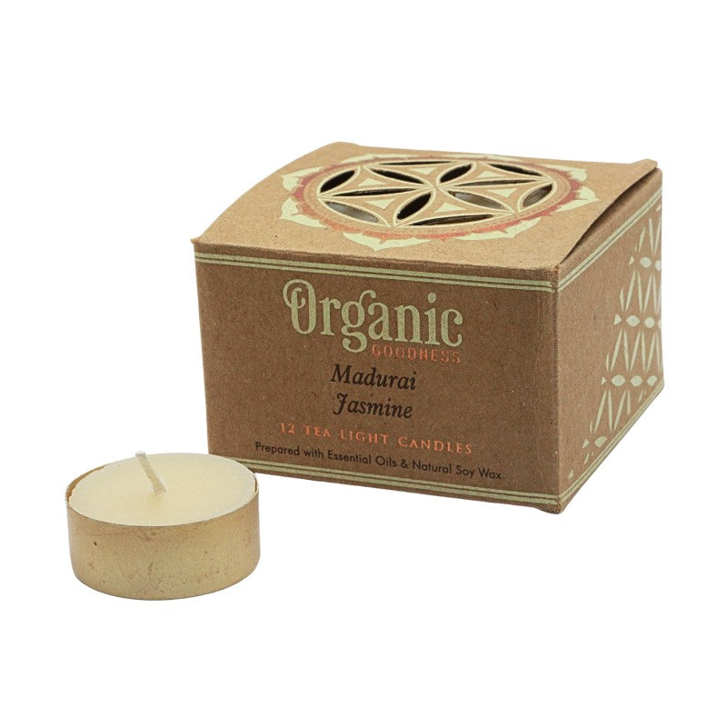 Tea light candle with a cardboard box labeled 'Organic Goodness Madurai Jasmine' on a white background