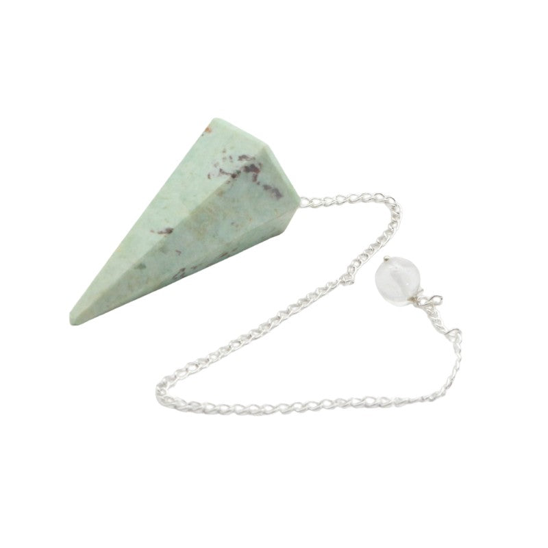 Green stone pendulum on a white chain with a white bead on a white background
