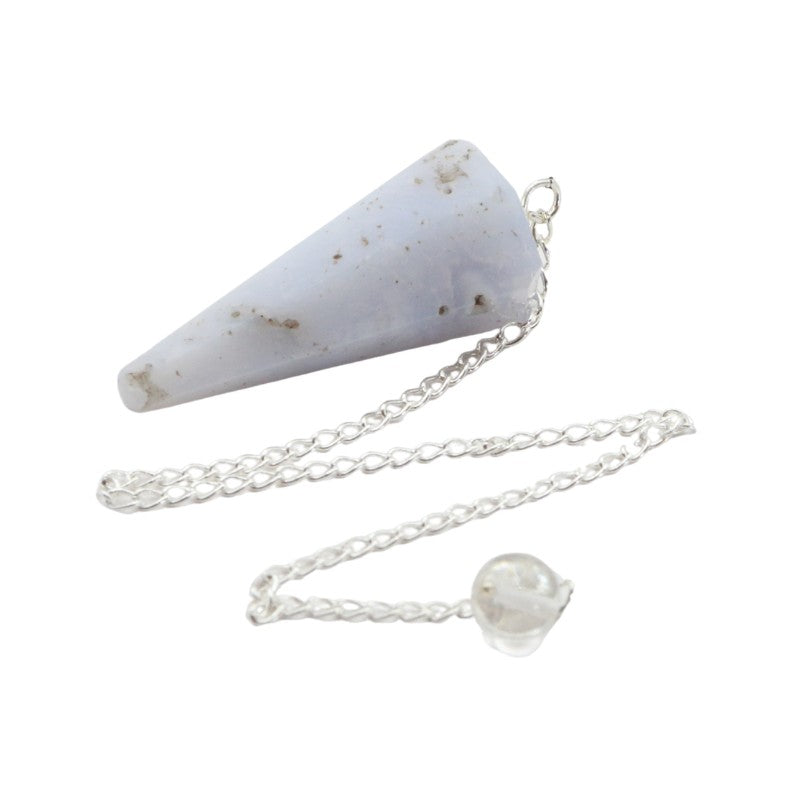 Crystal pendulum with chain on a white background