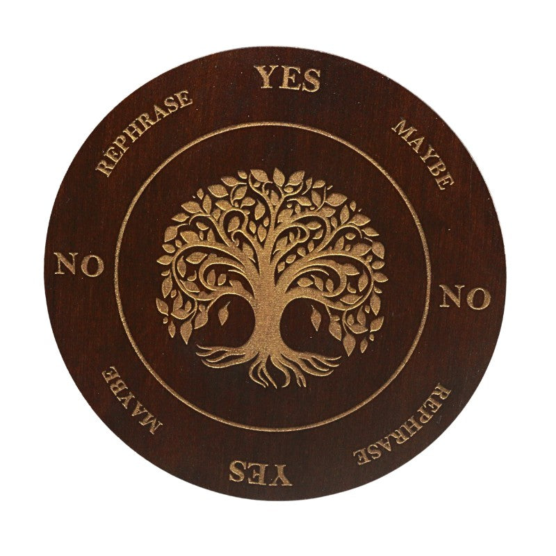 Decorative disc with tree of life design and decision-making text on a white background