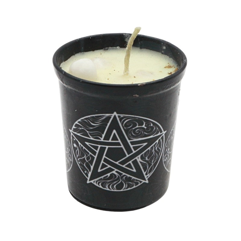 Candle in a black container with a pentagram design on a white background