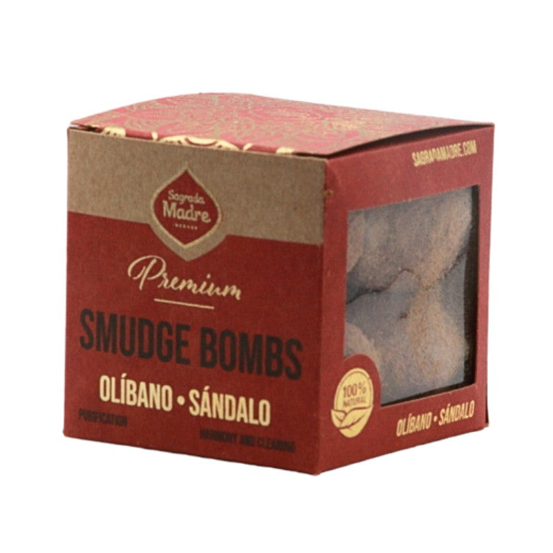 Box of Premium Smudge Bombs with 'Sagrada Madre' branding on a white background