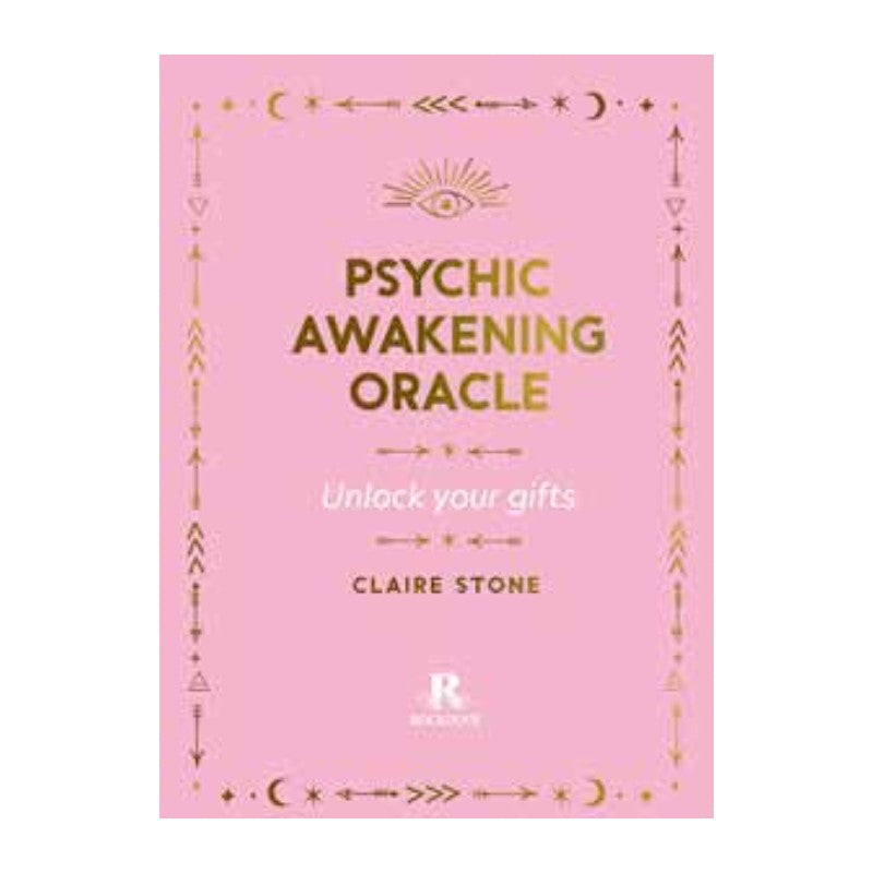 Front cover of the psychic awakening oracle deck with gold writing and border
