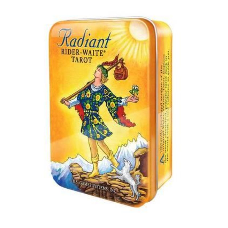 Yellow storage tin with the fool tarot card on the front and the title "Radiant Rider Waite Tarot"