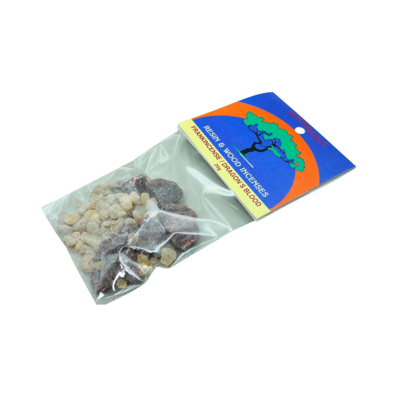 pack of frankincense and dragons blood incense with a blue and orange swing tag with image of a tree