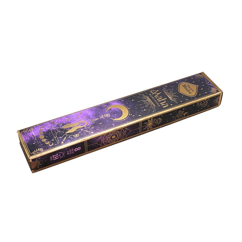 Incense stick box with astrological designs on a white background