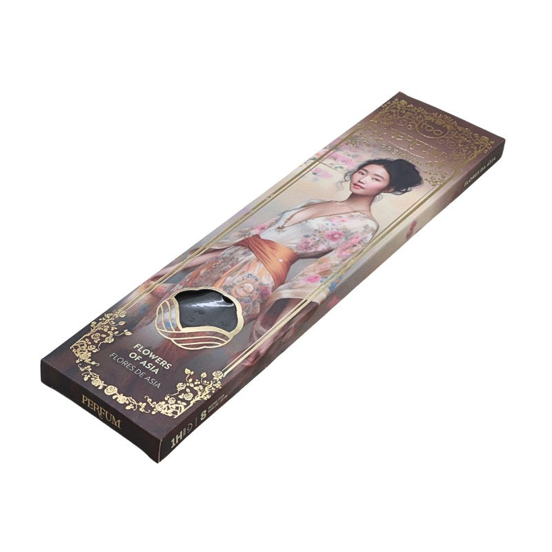 Perfume incense box with a design of a woman in traditional attire on a white background