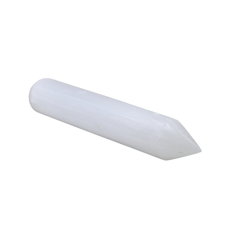 pointed selenite wand on a white background