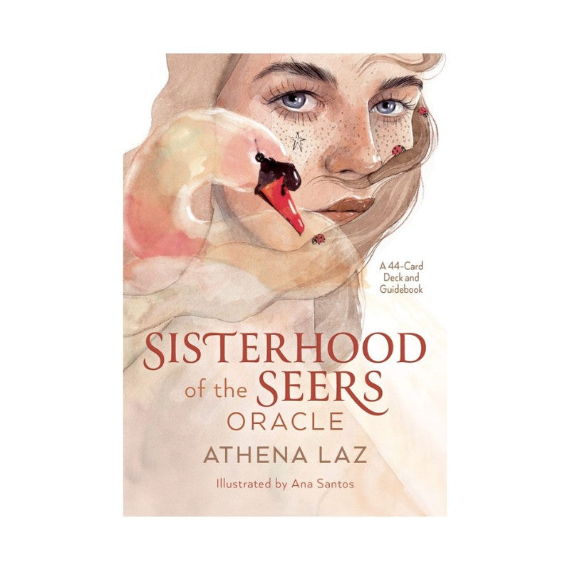 Oracle deck cover of 'Sisterhood of the Seers Oracle' by Athena Laz with an illustration of a woman's face and white swan.