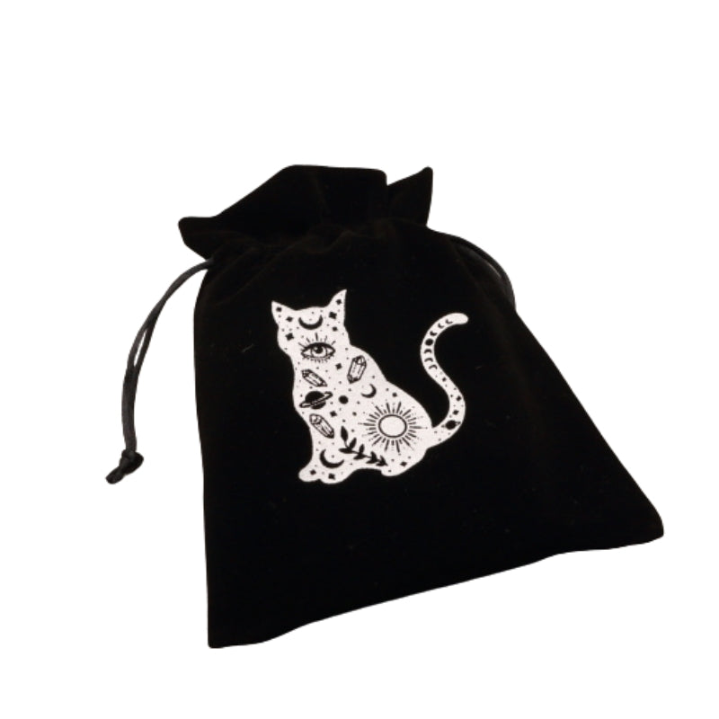 Black and white Sitting Cosmic Cat Velvet Tarot Bag for Tarot and Oracle Cards