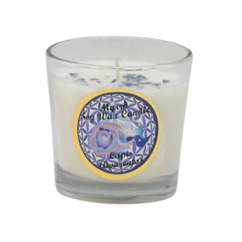 Soy wax candle with gemstone chips on top- in clear glass jar